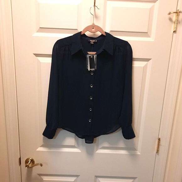 Premise Tops - petite SMALL sheer PREMISE navy BLOUSE